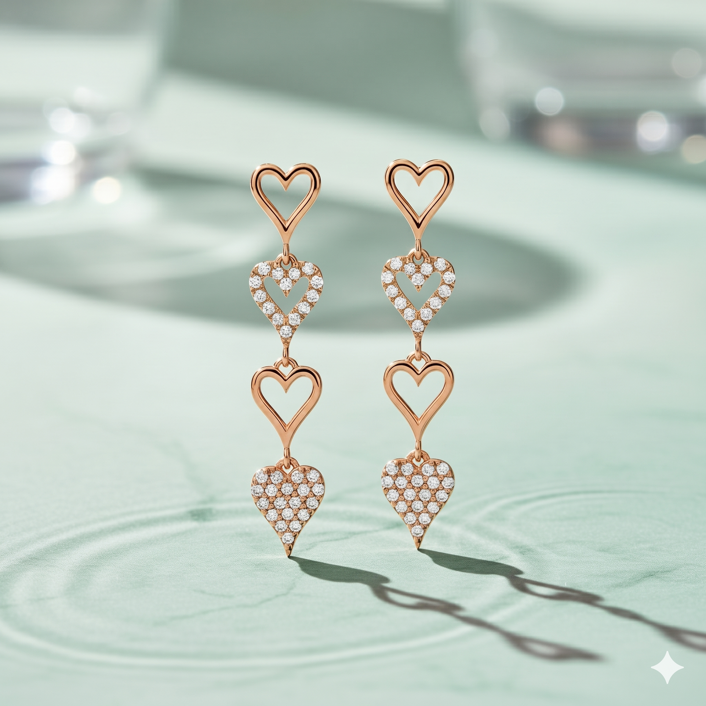 Multi Heart Diamond Linear Drop Earrings