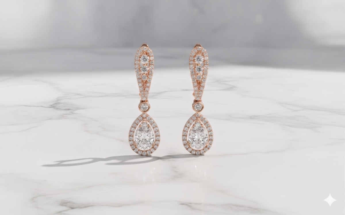 Pear Cut Teardrop Diamond Halo Linear Drop Earrings