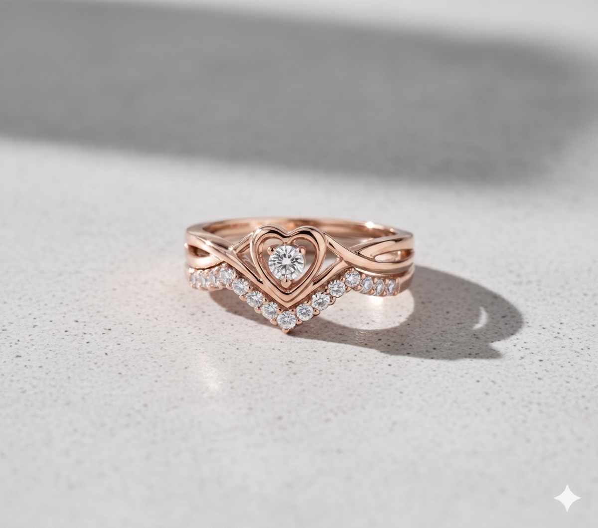 Heart Solitaire Ring with Matching Curved V-Shape Pavé Diamond Wedding Band Set