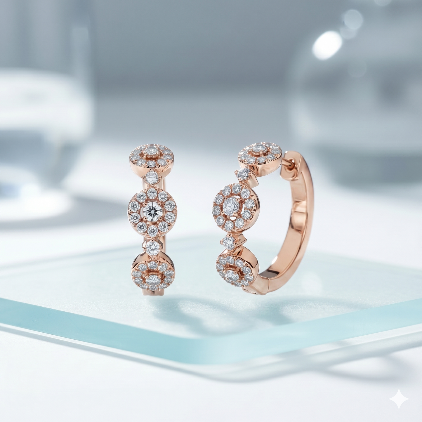 Triple Round Cluster Halo Diamond Huggie Hoop Earrings