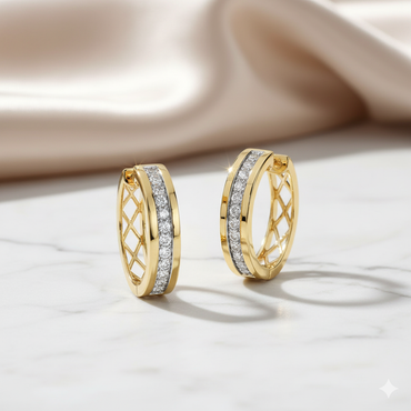 Lattice Openwork Channel Set Diamond Huggie Hoop Earrings