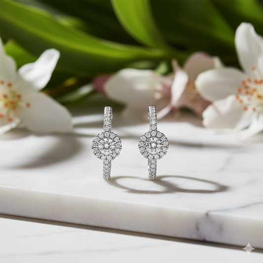 Round Diamond Halo Drop Hoop Earrings