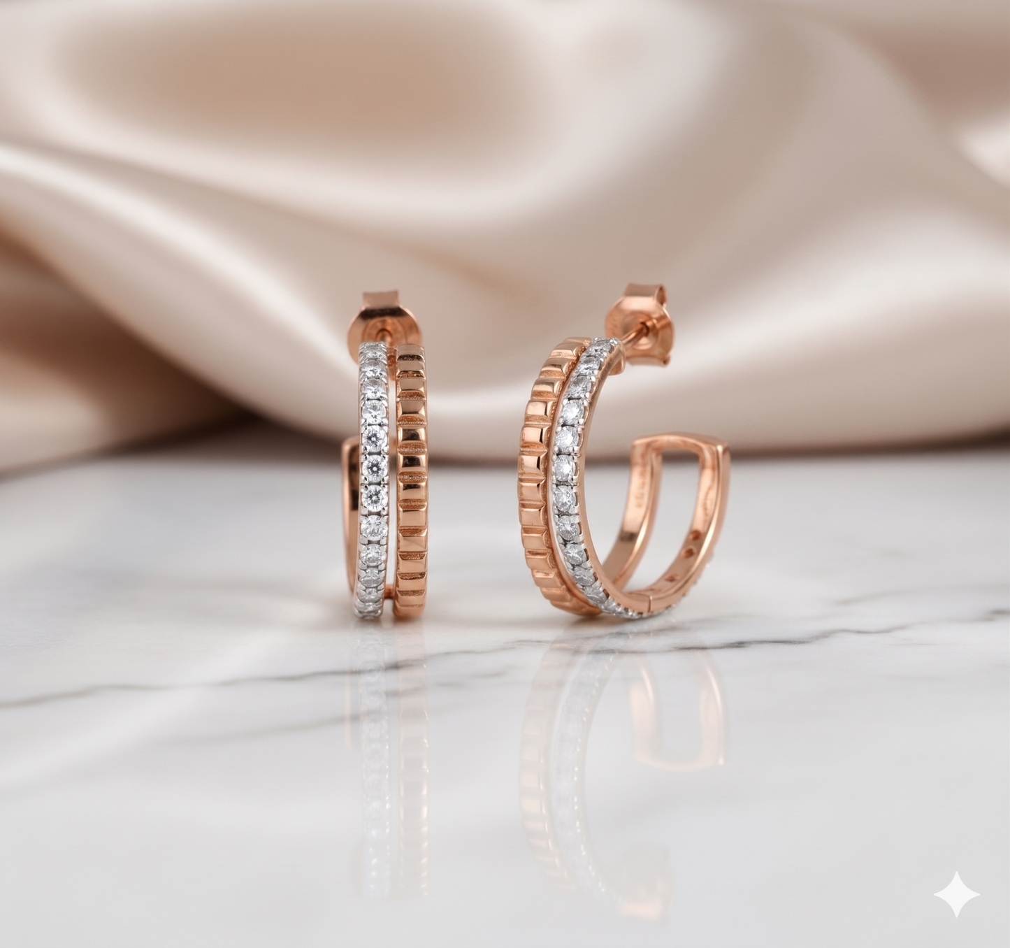 Ribbed Dual Row Diamond J-Hoop Stud Earrings