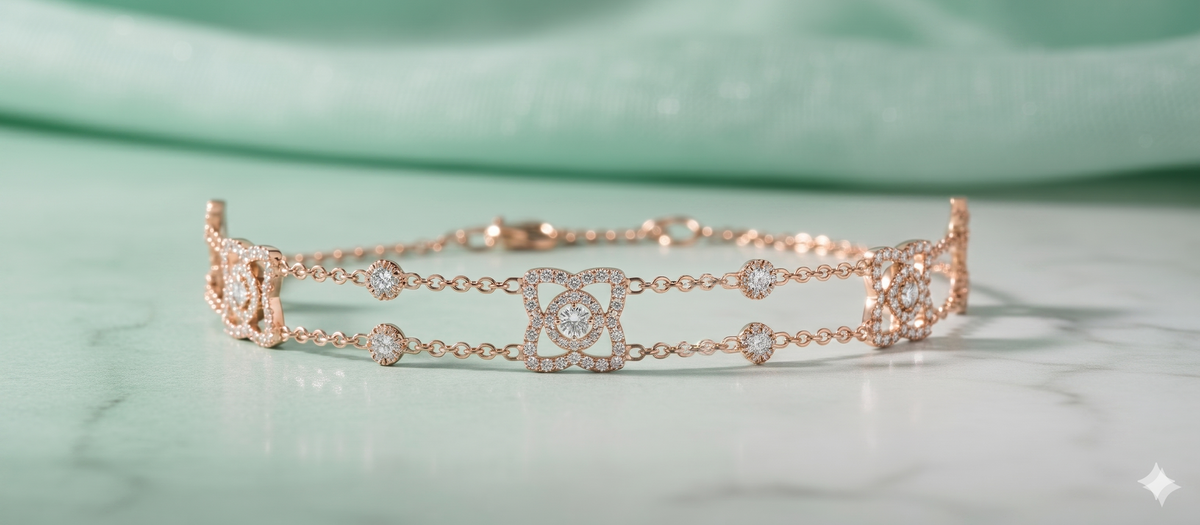 Quatrefoil Clover Double Chain Diamond Station Bracelet
