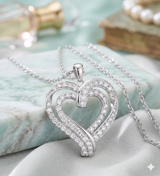 Interlocking Double Layer Pavé Diamond Ribbon Heart Pendant Necklace