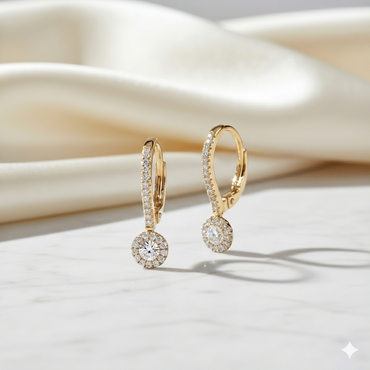 Round Diamond Halo Leverback Drop Earrings