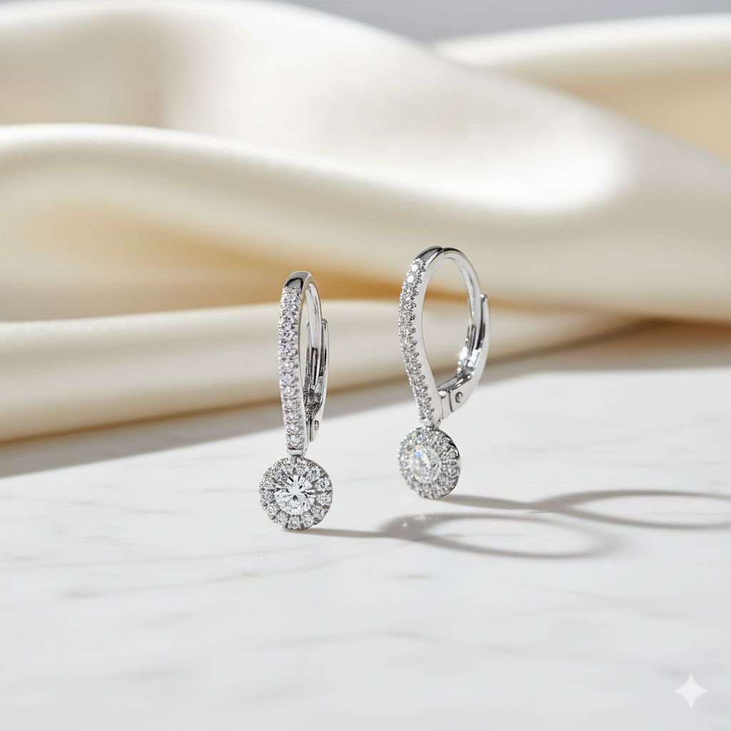 Round Diamond Halo Leverback Drop Earrings