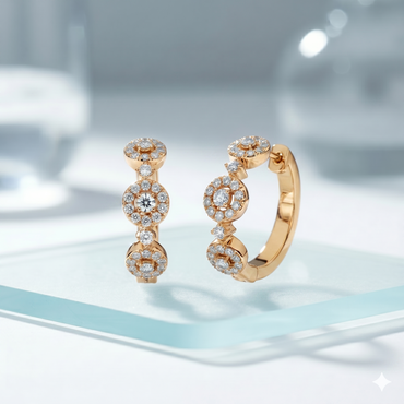 Triple Round Cluster Halo Diamond Huggie Hoop Earrings