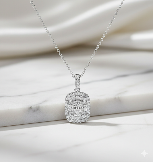 Illusion Cushion Double Halo Pavé Diamond Pendant Necklace
