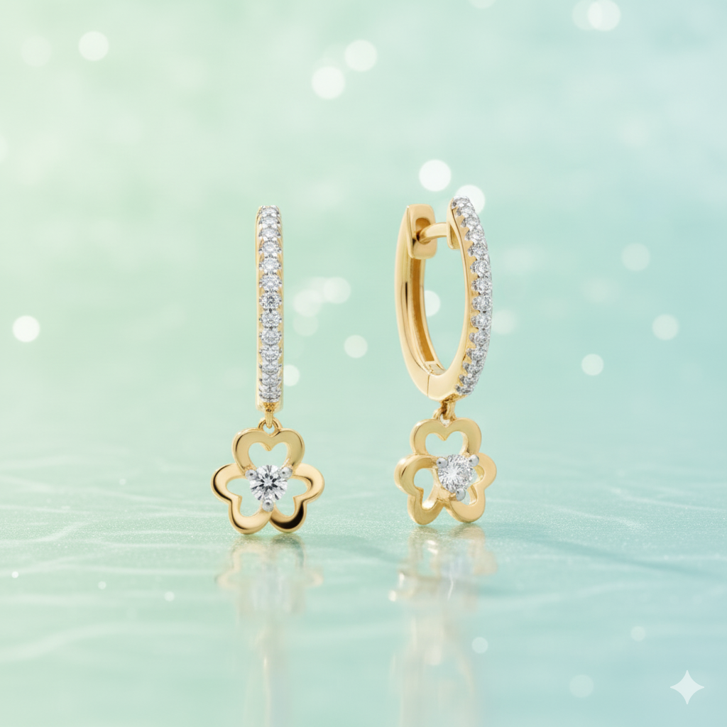 Flower Clover Diamond Drop Huggie Hoop Earrings