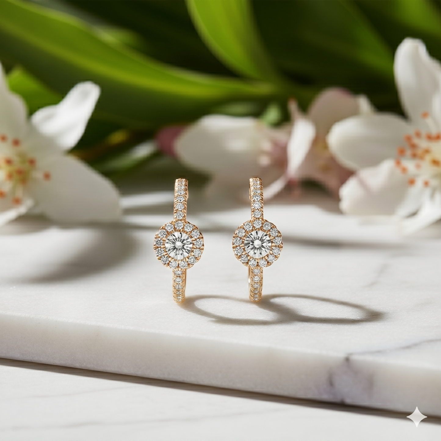 Round Diamond Halo Drop Hoop Earrings