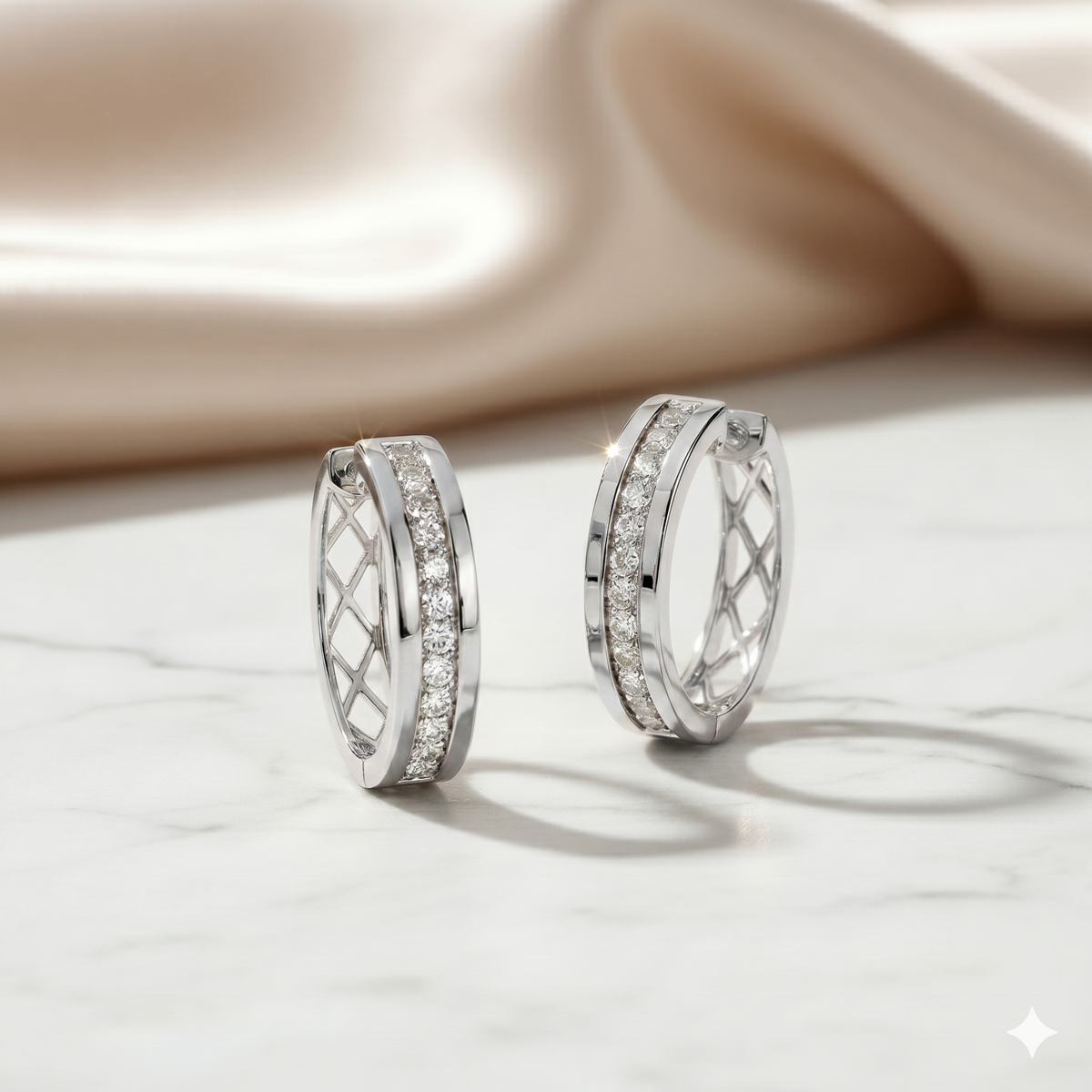 Lattice Openwork Channel Set Diamond Huggie Hoop Earrings