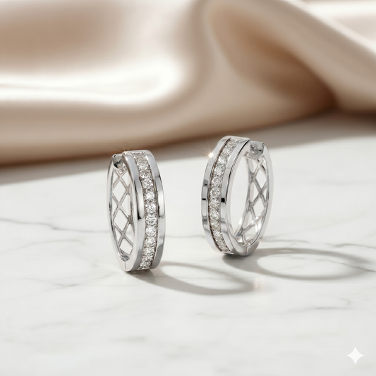 Lattice Openwork Channel Set Diamond Huggie Hoop Earrings