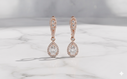 Pear Cut Teardrop Diamond Halo Linear Drop Earrings