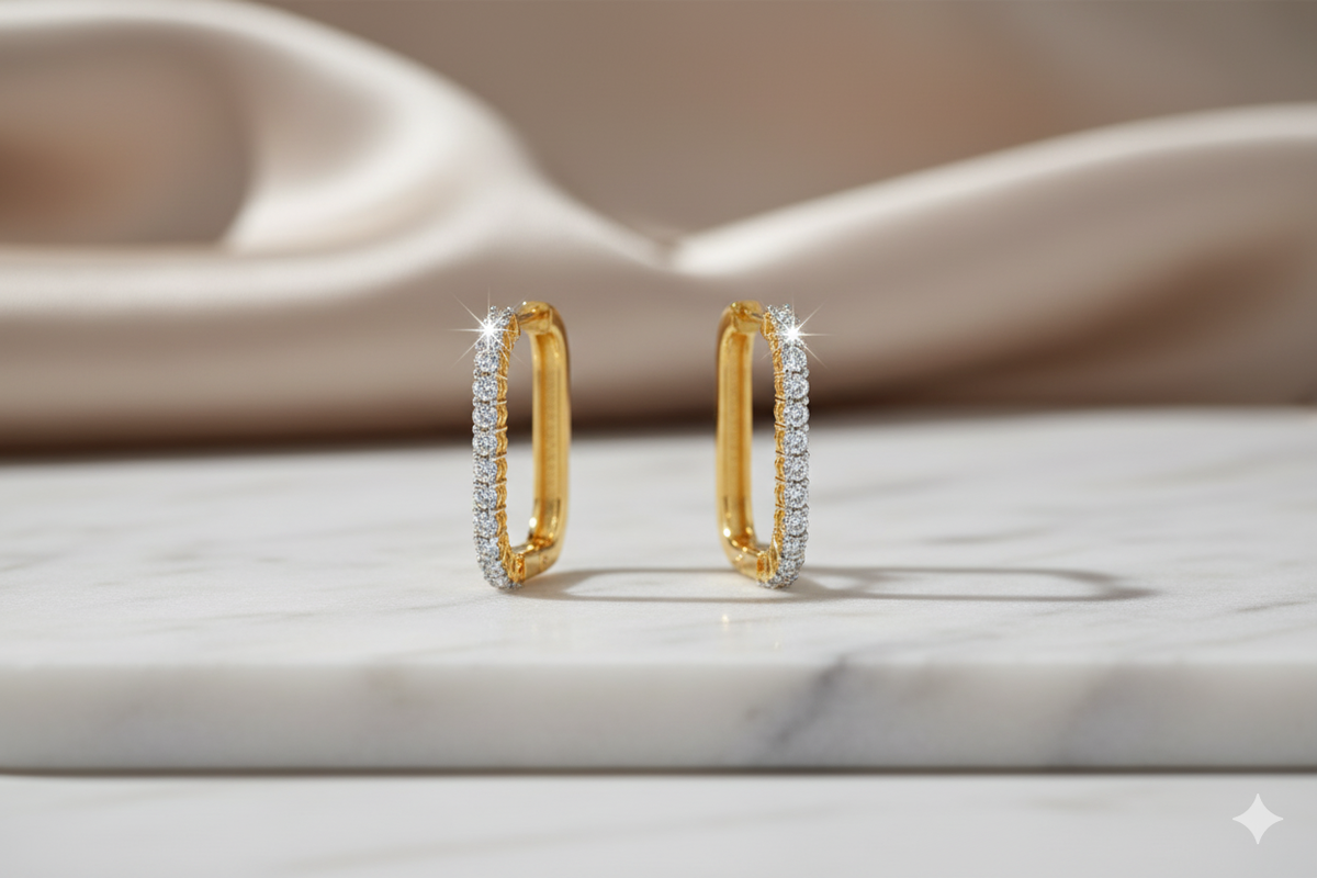 Rectangular Paperclip Link Diamond Hoop Earrings