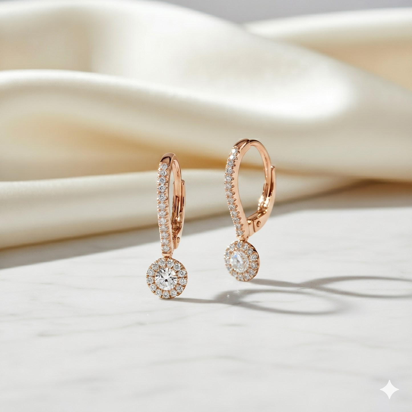 Round Diamond Halo Leverback Drop Earrings