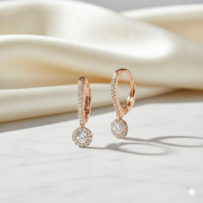 Round Diamond Halo Leverback Drop Earrings