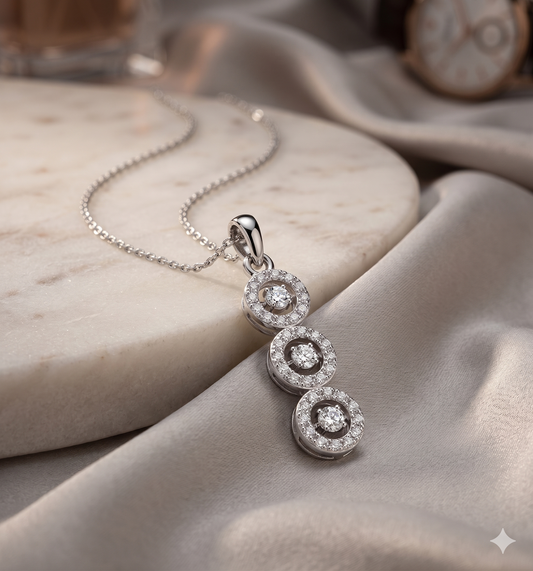 Three-Stone Graduated Circular Halo Past Present Future Diamond Drop Pendant Necklace