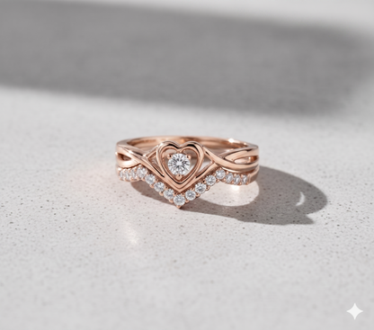 Heart Solitaire Ring with Matching Curved V-Shape Pavé Diamond Wedding Band Set