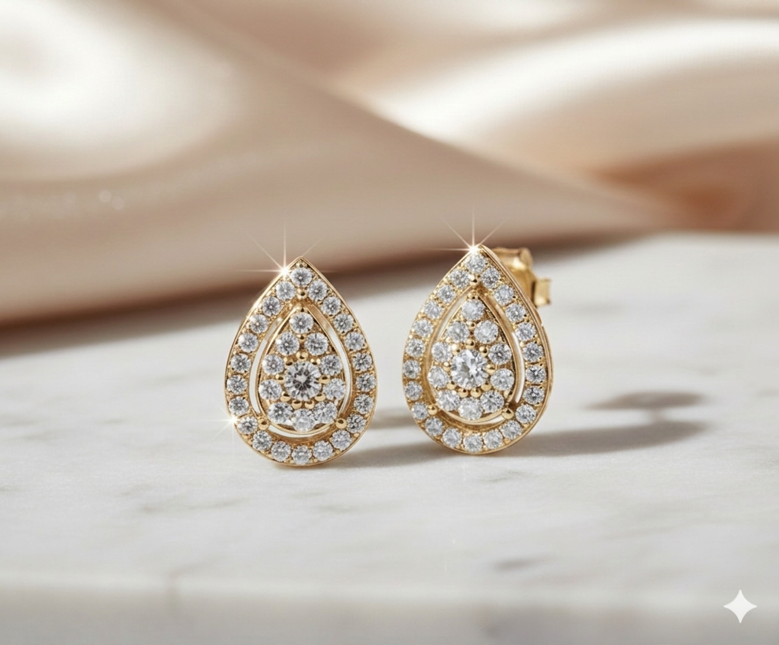 Teardrop Pear Diamond Double Halo Stud Earrings