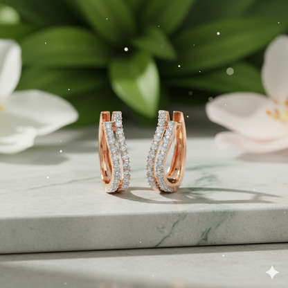 Double Row Criss Cross Diamond Huggie Hoop Earrings