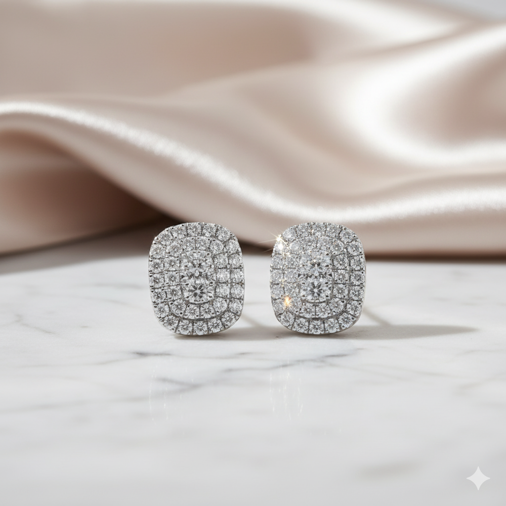 Cushion Cut Oblong Diamond Double Halo Stud Earrings