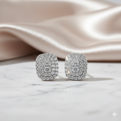Cushion Cut Oblong Diamond Double Halo Stud Earrings