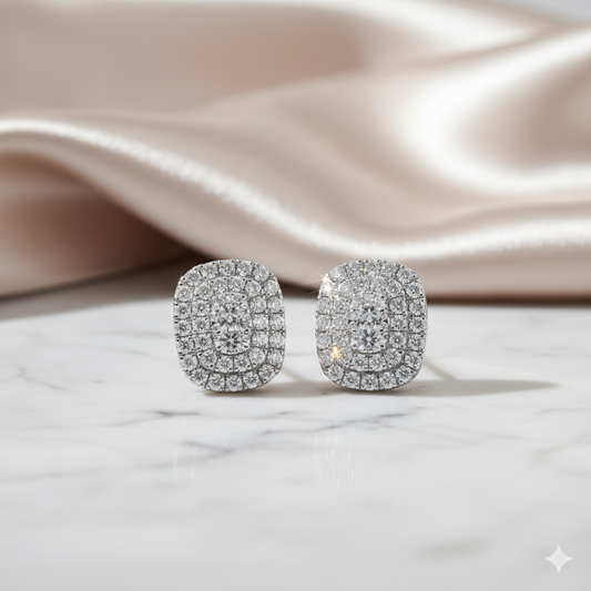 Cushion Cut Oblong Diamond Double Halo Stud Earrings