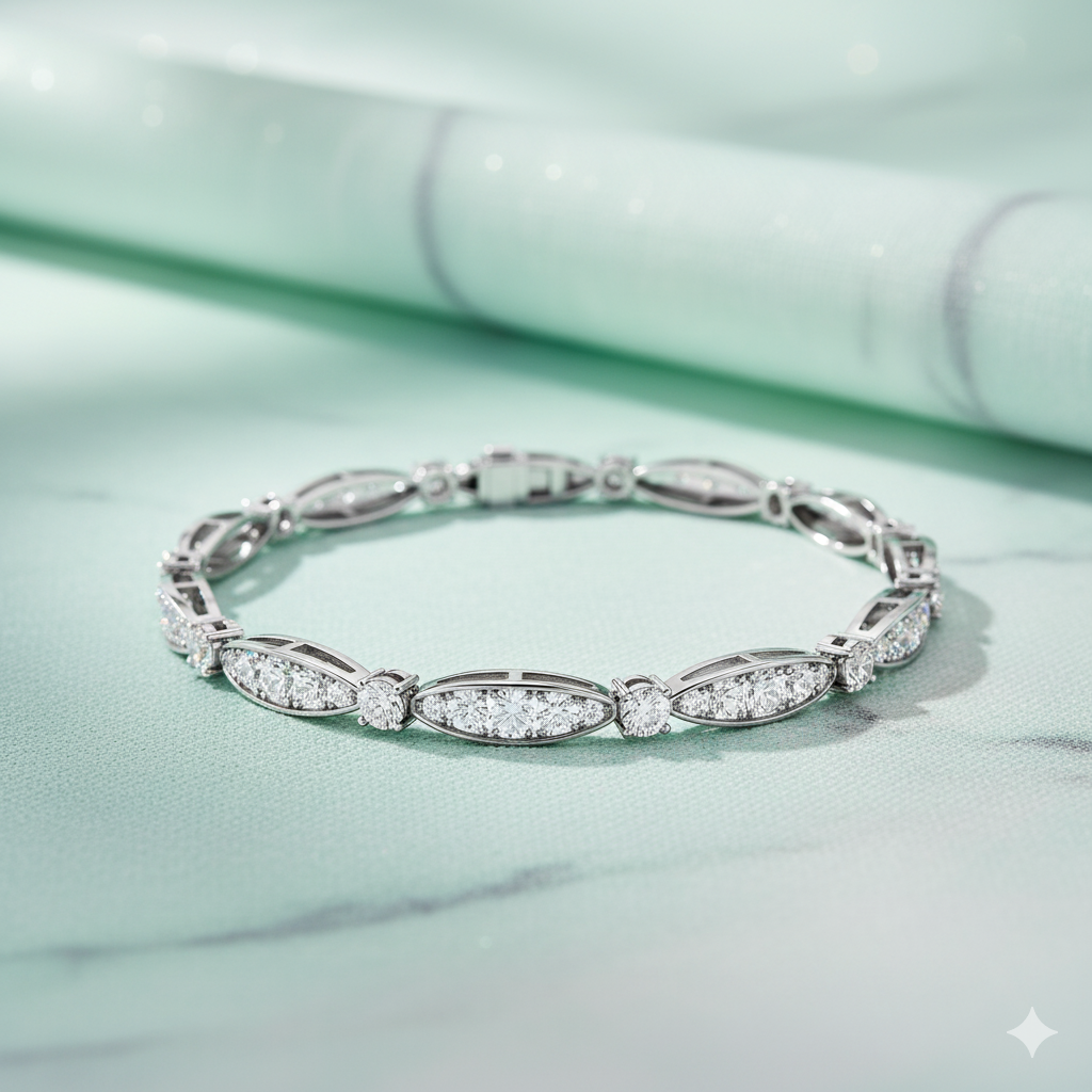 Alternating Marquise Mosaic Cluster and Round Solitaire Diamond Tennis Bracelet
