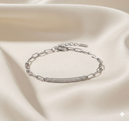 Paperclip Link Pavé Diamond Curved Bar ID Bracelet