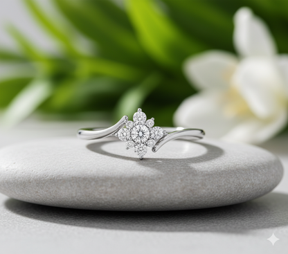Starburst Floral Cluster Bypass Pavé Diamond Ring