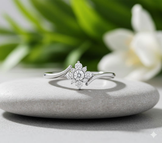 Starburst Floral Cluster Bypass Pavé Diamond Ring