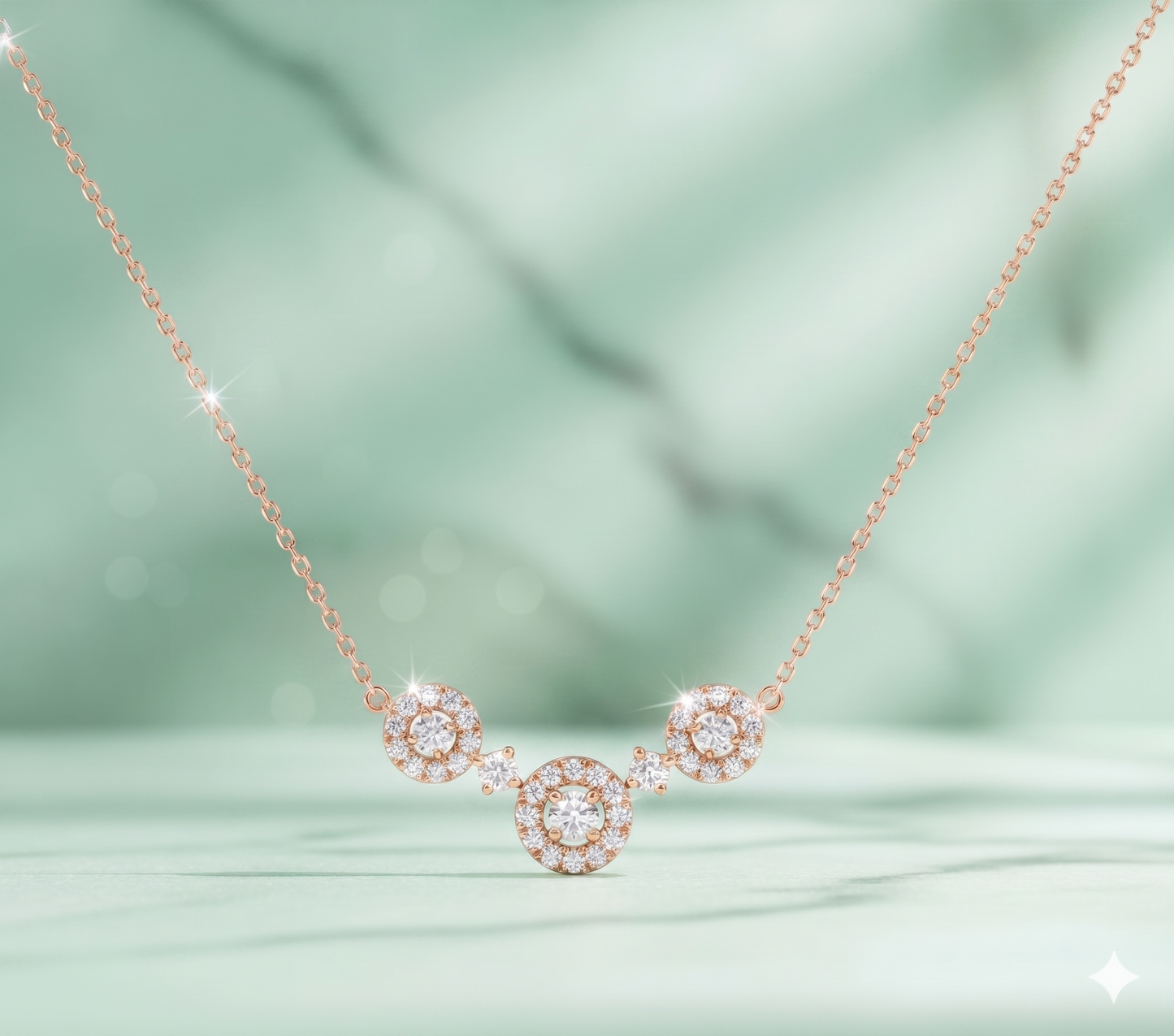 Three-Station Cluster Halo Diamond Curved Smile Necklace