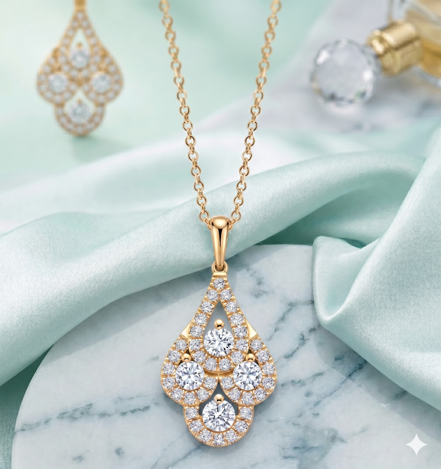 Art Deco Four-Stone Cluster Halo Teardrop Pendant Necklace