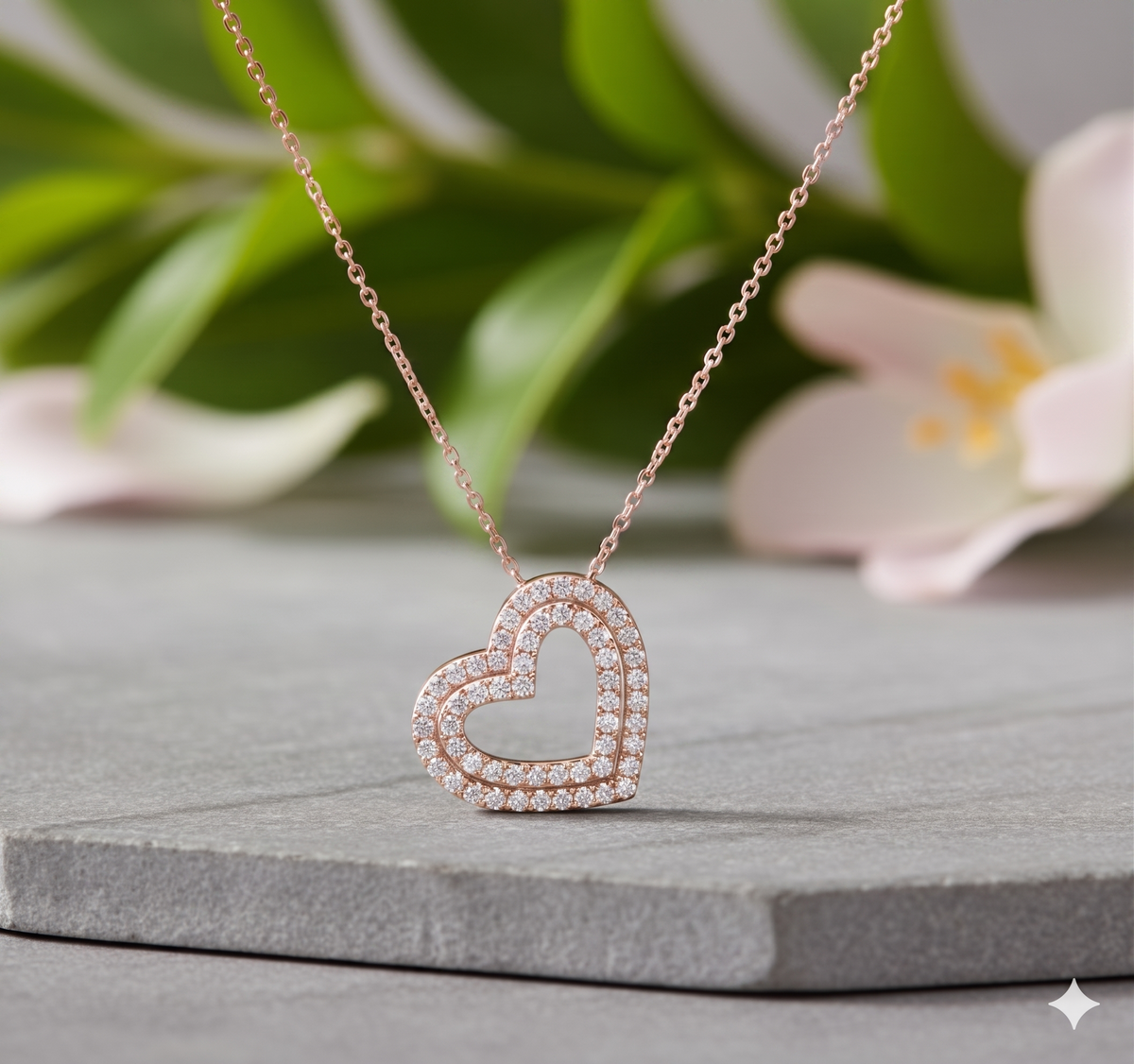 Double Layer Pavé Diamond Heart Station Pendant Necklace