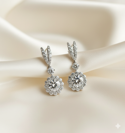 Round Diamond Halo Marquise Drop Earrings