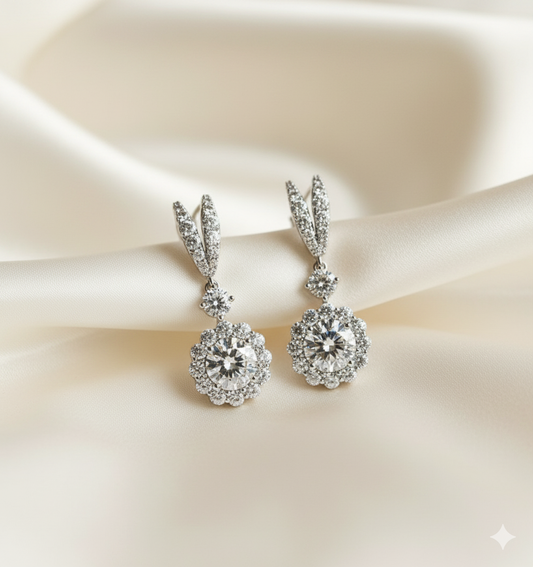 Round Diamond Halo Marquise Drop Earrings