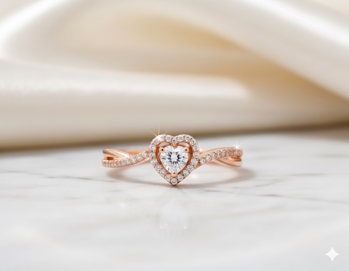 Heart Shaped Diamond Halo Criss-Cross Pavé Promise Ring