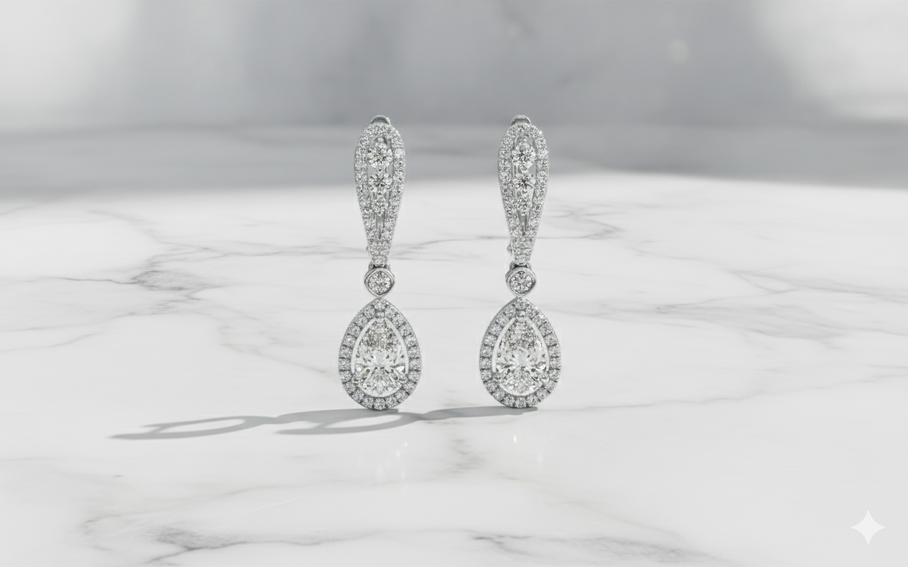 Pear Cut Teardrop Diamond Halo Linear Drop Earrings