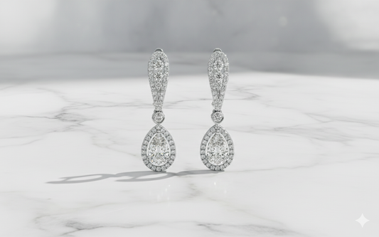 Pear Cut Teardrop Diamond Halo Linear Drop Earrings
