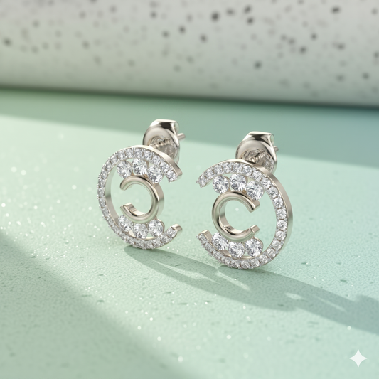 Interlocking Crescent C Diamond Stud Earrings