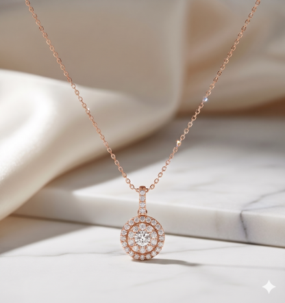 Classic Round Double Halo Pavé Diamond Pendant Necklace