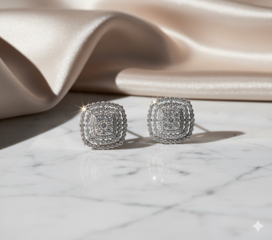 Square Cushion Diamond Double Halo Stud Earrings