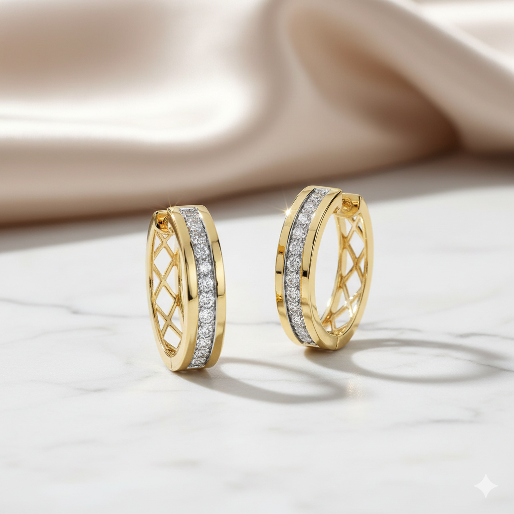 Lattice Openwork Channel Set Diamond Huggie Hoop Earrings