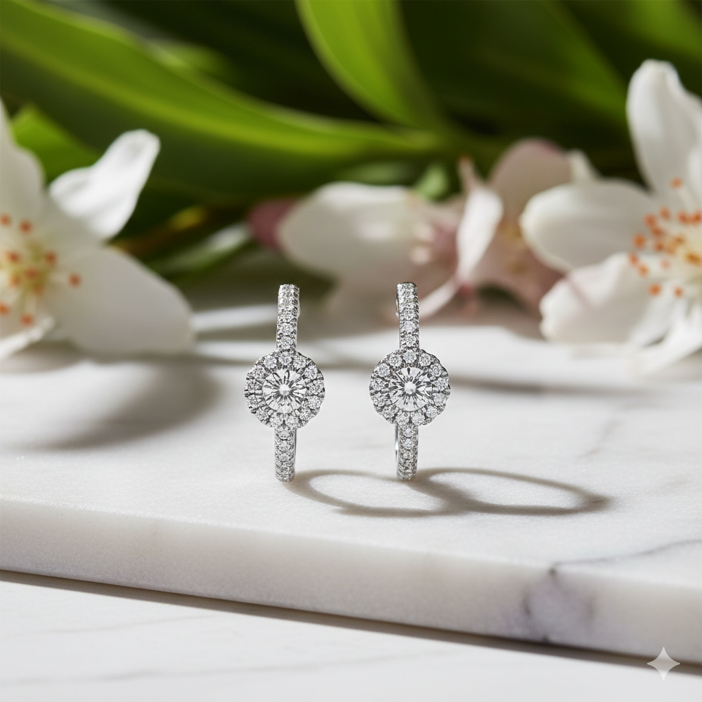 Round Diamond Halo Drop Hoop Earrings