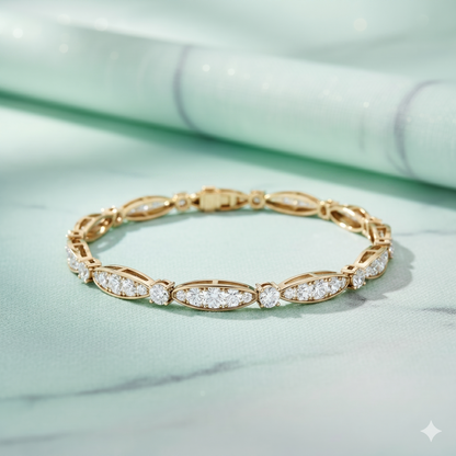 Alternating Marquise Mosaic Cluster and Round Solitaire Diamond Tennis Bracelet