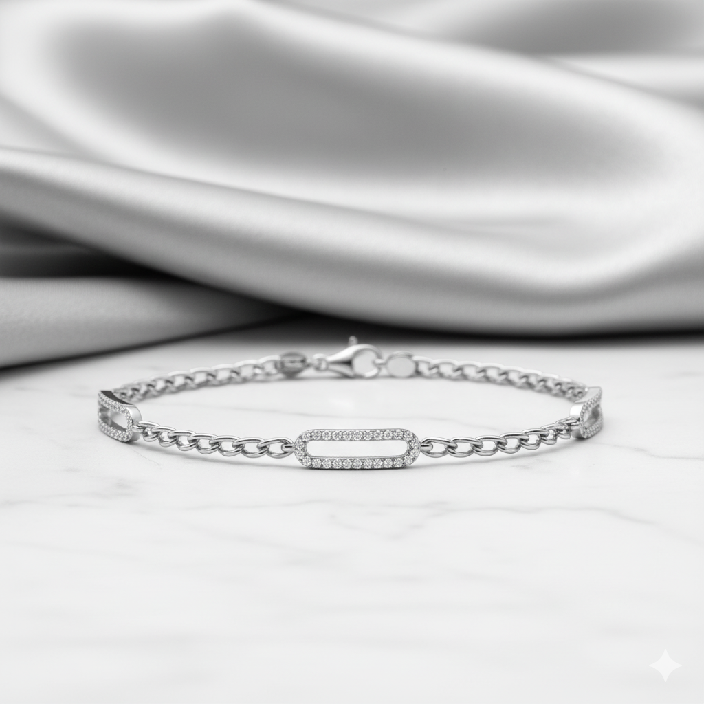 Openwork Paperclip Link Multi-Station Diamond Curb Chain Bracelet