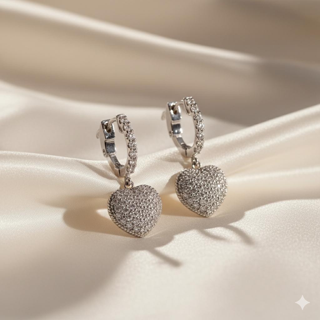 Pavé Diamond Heart Drop Huggie Hoop Earrings