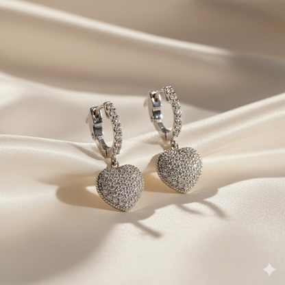 Pavé Diamond Heart Drop Huggie Hoop Earrings