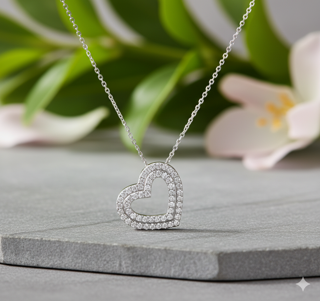 Double Layer Pavé Diamond Heart Station Pendant Necklace